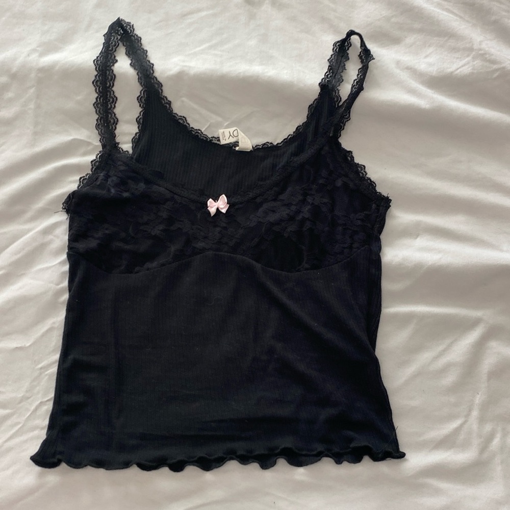 Cotton On Body Lace Tank, Size xs fits like small, Color Black lace w/ pink bow